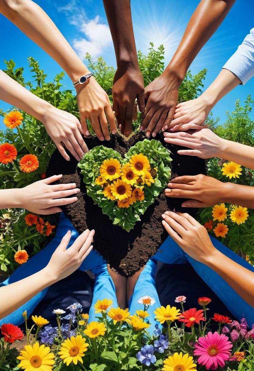 A vibrant scene depicting a diverse group of people joyfully engaging in community activities, such as planting a garden and sharing food, with bright colors symbolizing positivity. Include elements of connection, like hands together forming a heart shape, surrounded by blooming flowers and sunshine. The background features a clear blue sky to evoke happiness. bright colors. super-realistic.