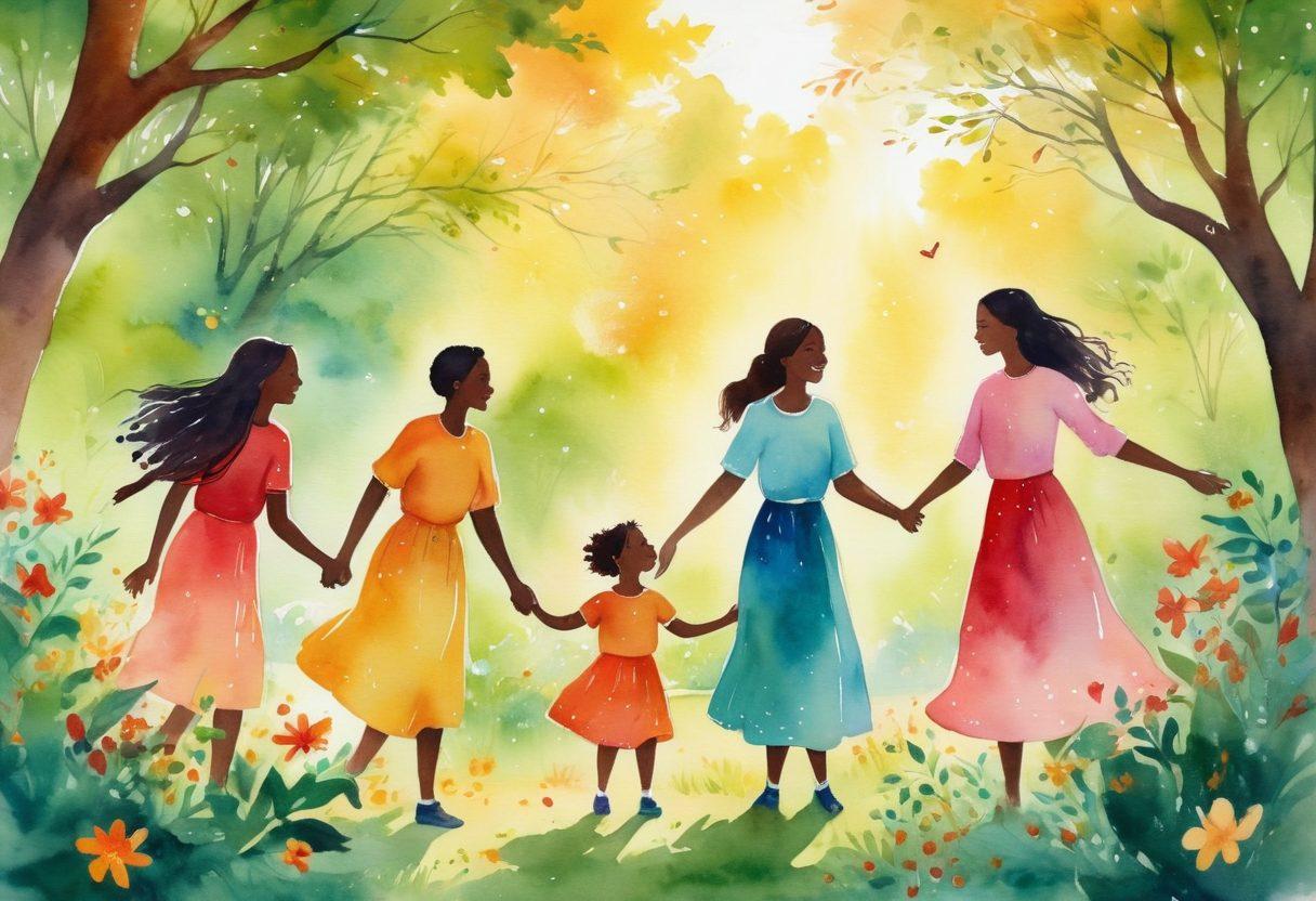 A vibrant scene depicting diverse people engaged in joyful interactions, surrounded by nature, symbolizing positivity and well-being. Bright colors illustrating warmth and kindness, with soft rays of sunlight filtering through leaves, creating a sense of upliftment. Incorporate elements like blooming flowers, smiling faces, and a serene atmosphere to evoke a feeling of connection and happiness. watercolor painting. bright colors. serene background.