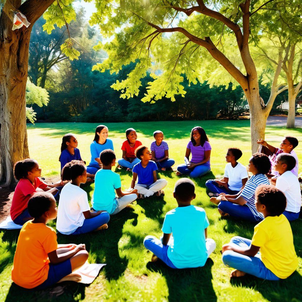 A vibrant gathering of diverse individuals sitting in a circle, sharing smiles and supportive gestures. Colorful banners of positivity hang in the background, symbolizing teamwork and connection. Bright sunlight filters through trees, creating a warm, inviting atmosphere. Children play joyfully nearby, reinforcing a sense of community and harmony. The scene is infused with cheerful colors, exuding an uplifting energy. super-realistic. vibrant colors. natural setting.